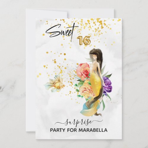  16 SWEET SIXTEEN  Floral Gold Mermaid Birthday Invitation