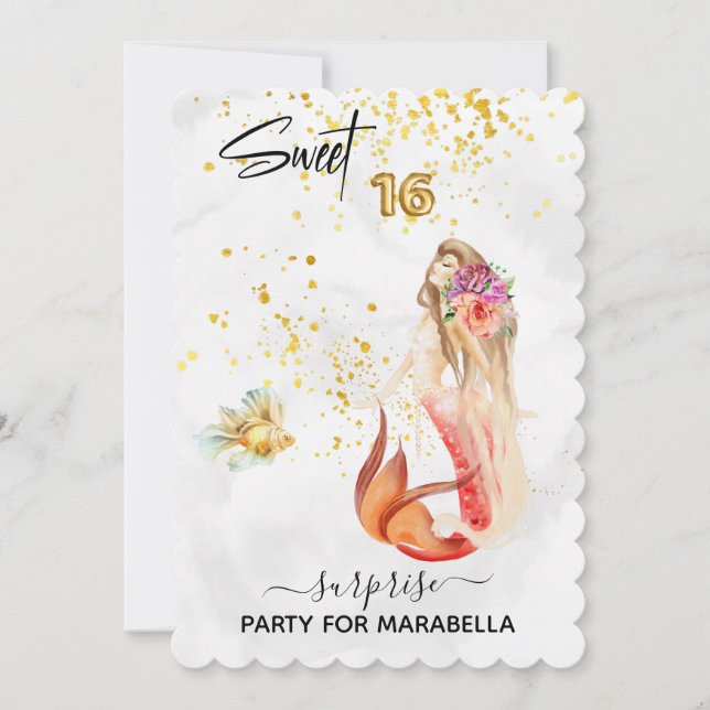 *~* 16 SWEET SIXTEEN  Floral Mermaid Birthday Invitation (Front)