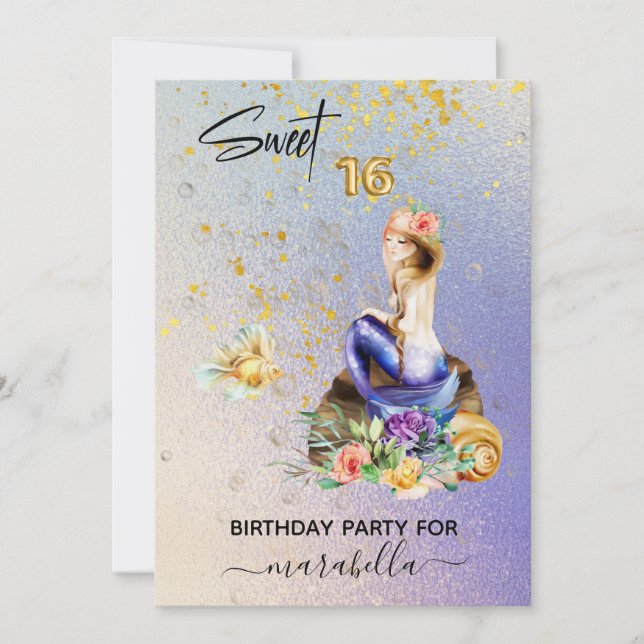 *~* 16 SWEET SIXTEEN  Ombre Blue Mermaid Birthday  Invitation (Front)