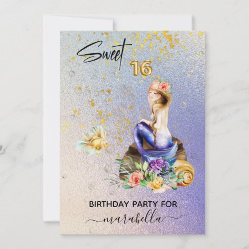  16 SWEET SIXTEEN  Ombre Blue Mermaid Birthday  Invitation