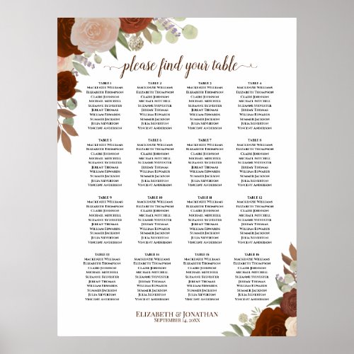 16 Table Autumn Floral Boho Wedding Seating Chart
