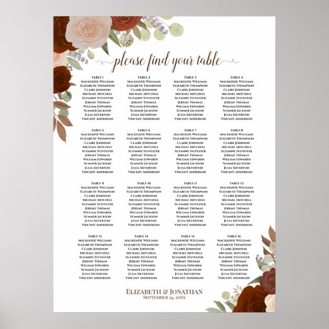 16 Table Autumn Floral Boho Wedding Seating Chart (Front)