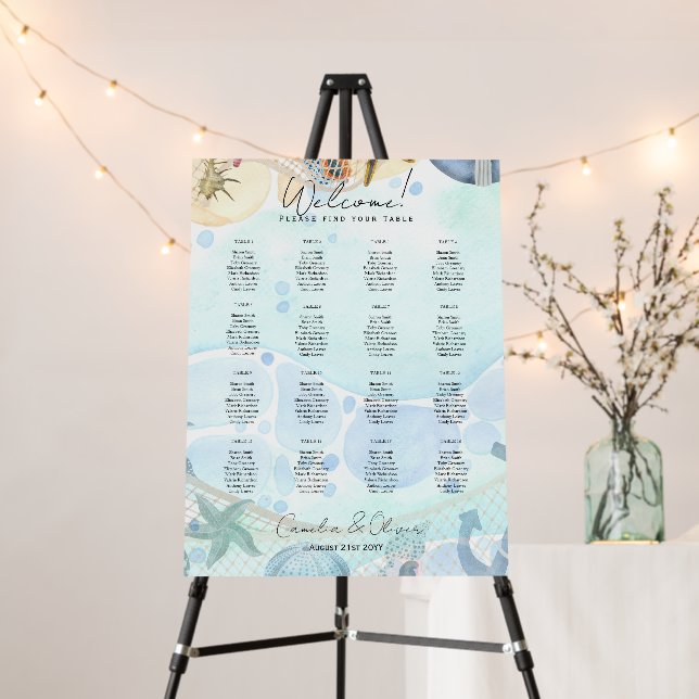 16 Table Beach Coastal Wedding Seating Chart Foam Board (In Situ (Stand))