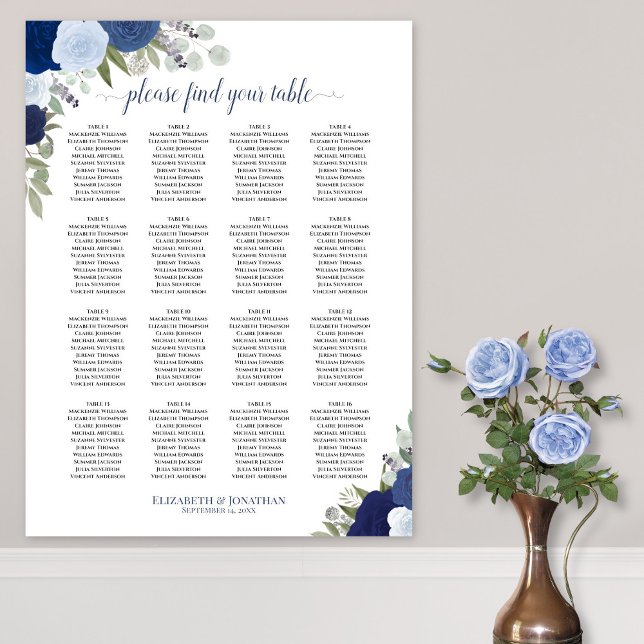 16 Table Blue Boho Floral Wedding Seating Chart (In Situ on Wall with Flowers)