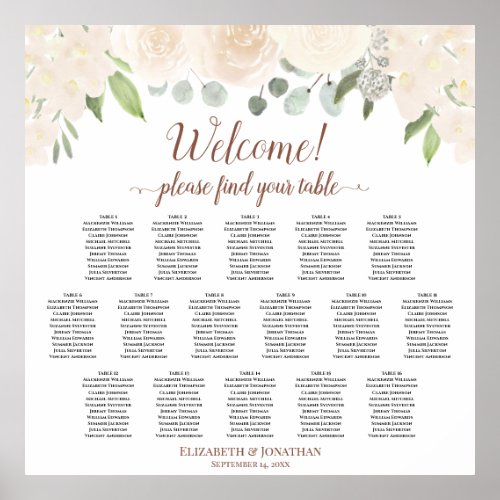 16 Table Blush Peach Roses Wedding Seating Chart