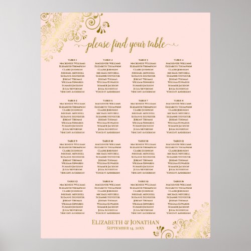 16 Table Blush Pink  Gold Wedding Seating Chart