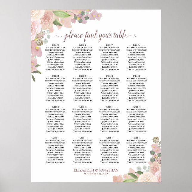 16 Table Boho Pink Floral Wedding Seating Chart (Front)