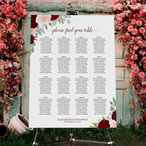 16 Table Burgundy Blush Roses Boho Seating Chart Foam Board