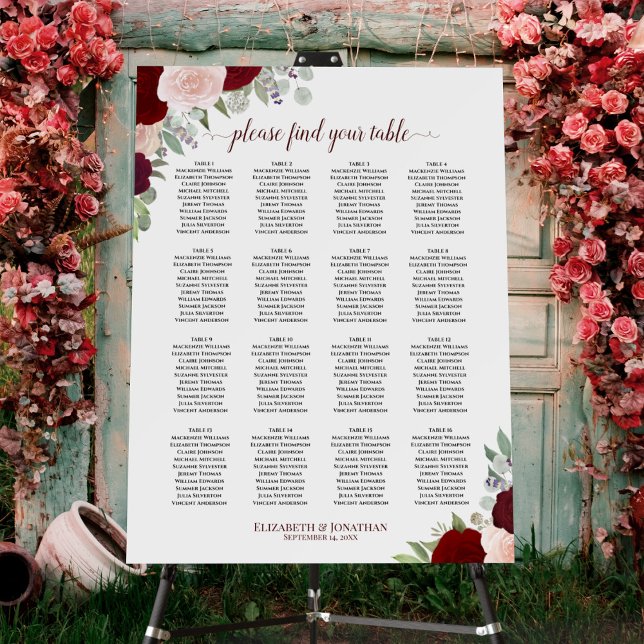 16 Table Burgundy Blush Roses Boho Seating Chart Foam Board (In Situ on Stand with Flowers)
