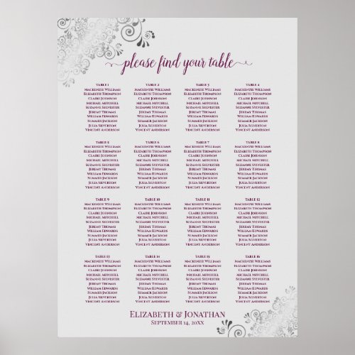 16 Table Cassis on Gray Wedding Seating Chart