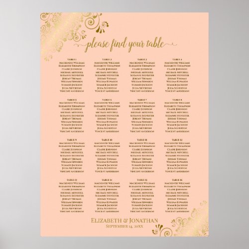 16 Table Coral Peach  Gold Wedding Seating Chart