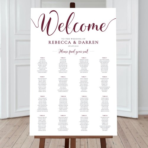 16 Table Deep Red Wedding Seating Chart Burgundy