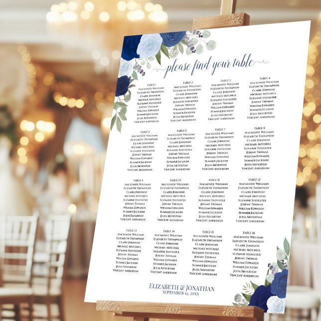 16 Table Elegant Blue Roses Boho Seating Chart Foam Board (On Stand at Reception)