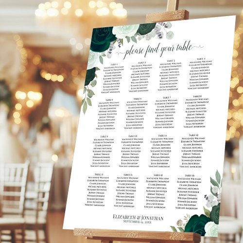 16 Table Elegant Emerald Green Roses Seating Chart Foam Board