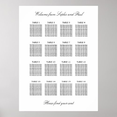 16 Table Elegant Minimalist Seating Chart