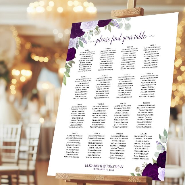 16 Table Elegant Purple Roses Boho Seating Chart Foam Board (On Stand at Reception)