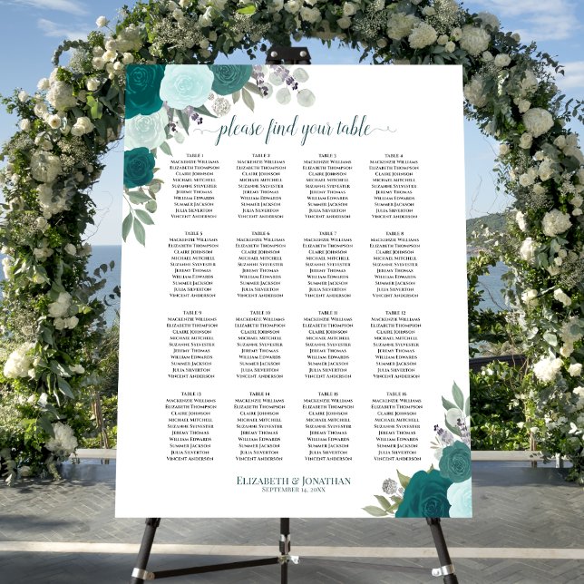 16 Table Elegant Teal Roses Boho Seating Chart Foam Board (In Situ on Stand with Flowers)