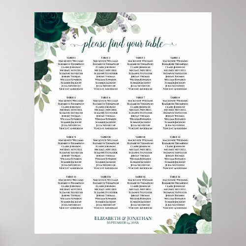 16 Table Emerald Boho Floral Wedding Seating Chart