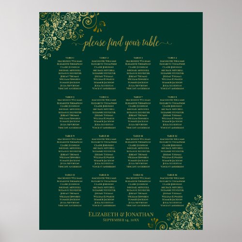 16 Table Emerald Green Wedding Seating Chart Gold