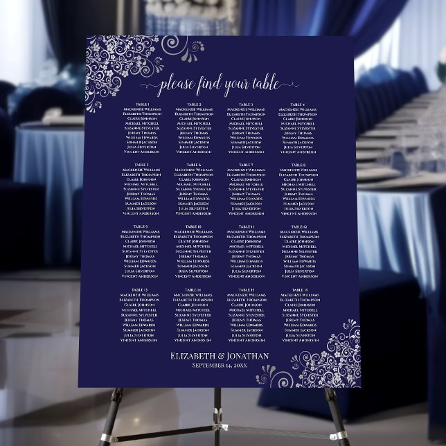 16 Table Fancy Navy Blue & Silver Seating Chart Foam Board (On Stand)