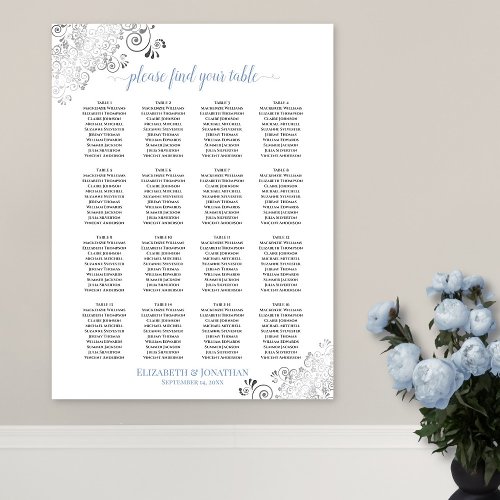 16 Table Frilly Wedding Seating Chart White  Blue