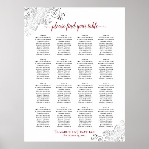 16 Table Frilly Wedding Seating Chart White  Red