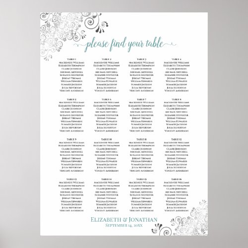 16 Table Frilly Wedding Seating Chart White  Teal