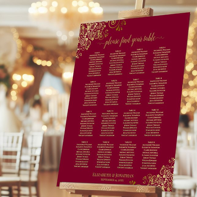 16 Table Gold Curls Burgundy Maroon Seating Chart Foam Board (On Stand at Reception)