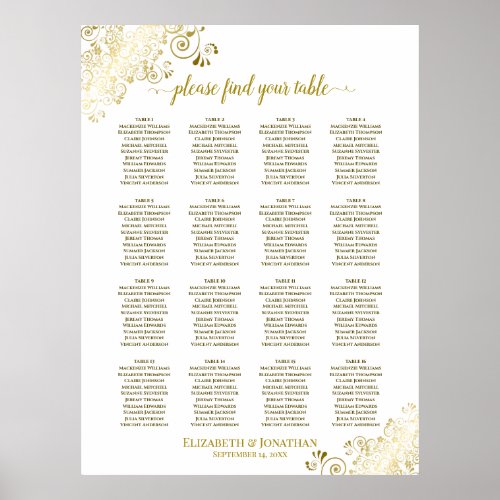 16 Table Gold Frills Wedding Seating Chart White