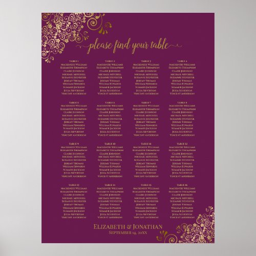 16 Table Gold Lace Magenta Wedding Seating Chart
