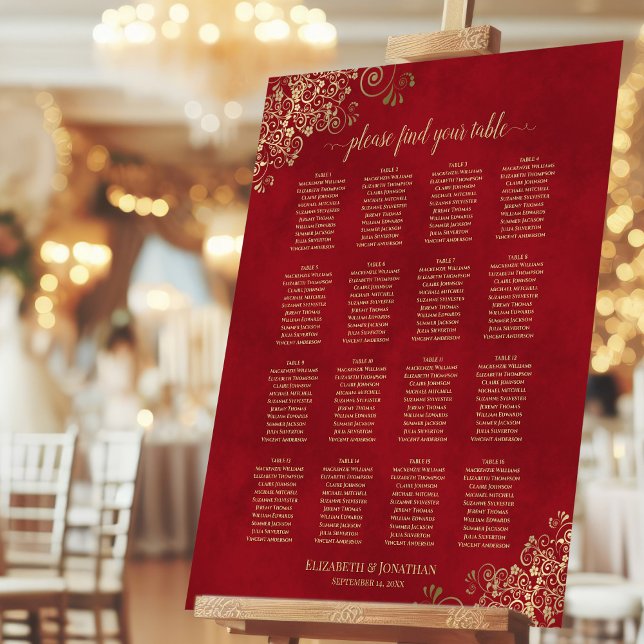 16 Table Gold on Crimson Red Wedding Seating Chart Foam Board (On Stand at Reception)