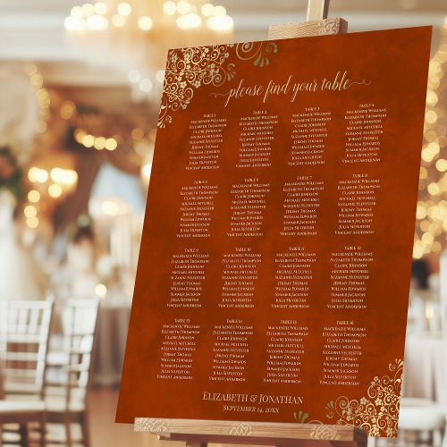 16 Table Gold on Rust Orange Wedding Seating Chart Foam Board