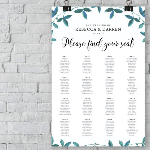 16 Table Green Leaves Wedding Seating Chart