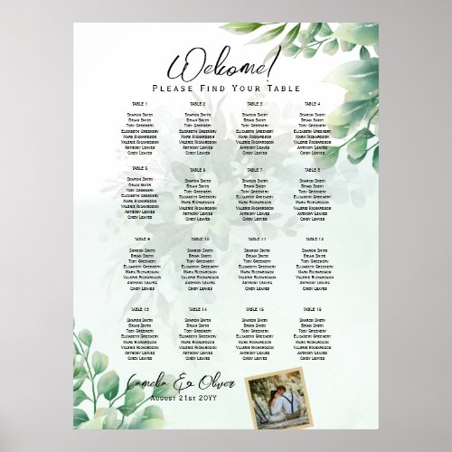 16 Table Greenery PHOTO Wedding Seating Welcome Poster
