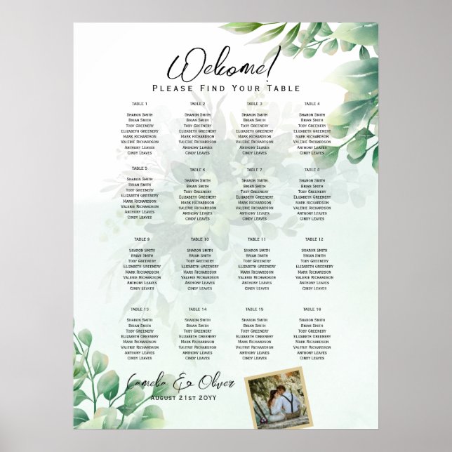 16 Table Greenery PHOTO Wedding Seating Welcome Poster (Front)