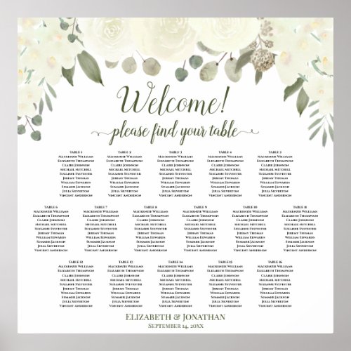 16 Table Ivory White Roses Wedding Seating Chart
