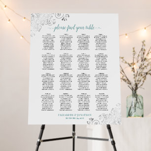16 Table Lacy Silver & Teal on White Seating Chart Foam Board