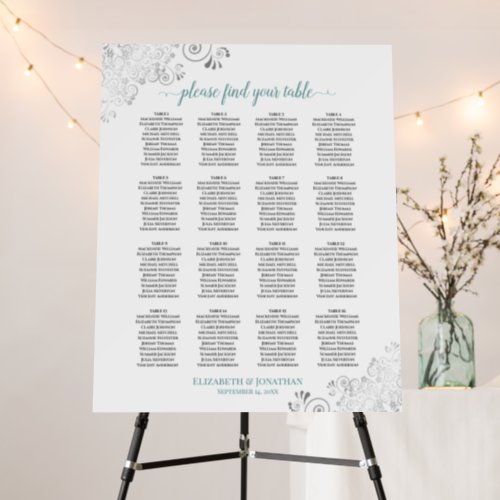 16 Table Lacy Silver  Teal on White Seating Chart Foam Board