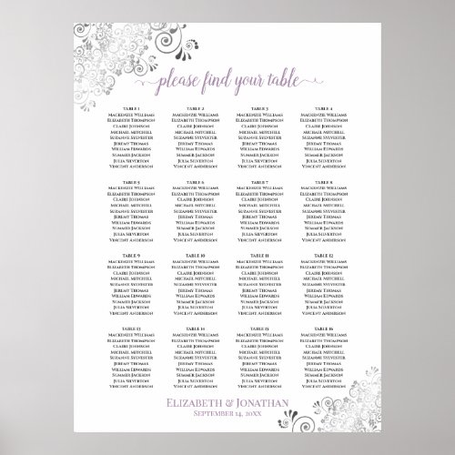 16 Table Lacy Wedding Seating Chart White Lavender