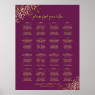 16 Table Magenta Plum & Gold Wedding Seating Chart