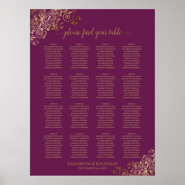 16 Table Magenta Plum & Gold Wedding Seating Chart (Front)