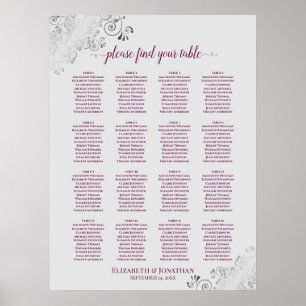16 Table Magenta Plum & Gray Wedding Seating Chart
