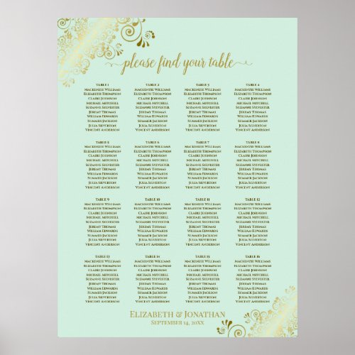 16 Table Mint Green  Gold Wedding Seating Chart