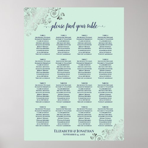16 Table Mint Green  Navy Wedding Seating Chart
