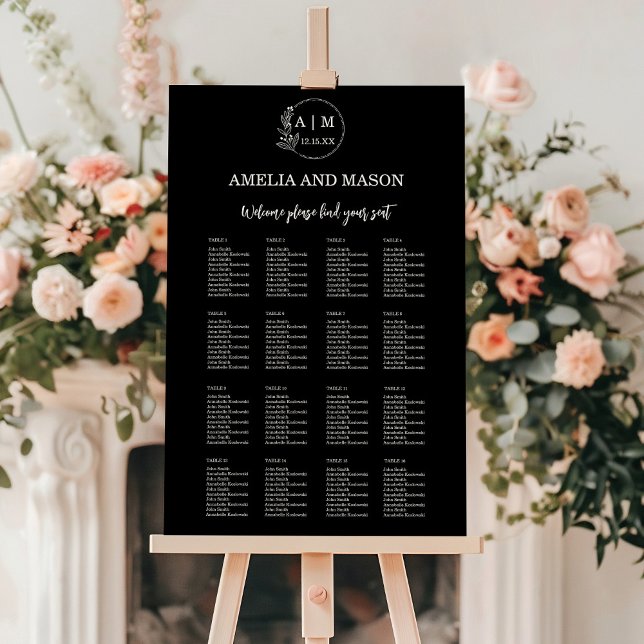  16 Table Modern Black Wedding Seating Chart Foam Board (Monogram Minimal Wedding Seating Chart 16 Tables Foam Board Reversable)
