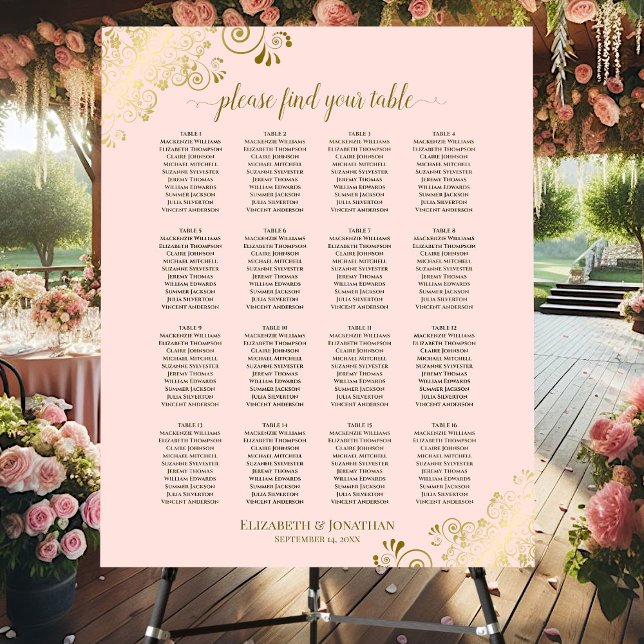 16 Table Ornate Gold & Pink Wedding Seating Chart Foam Board (On Stand at Reception)