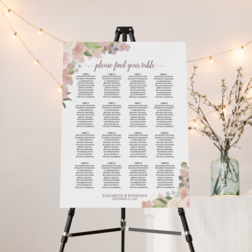 16 Table Pink Roses Elegant Wedding Seating Chart Foam Board