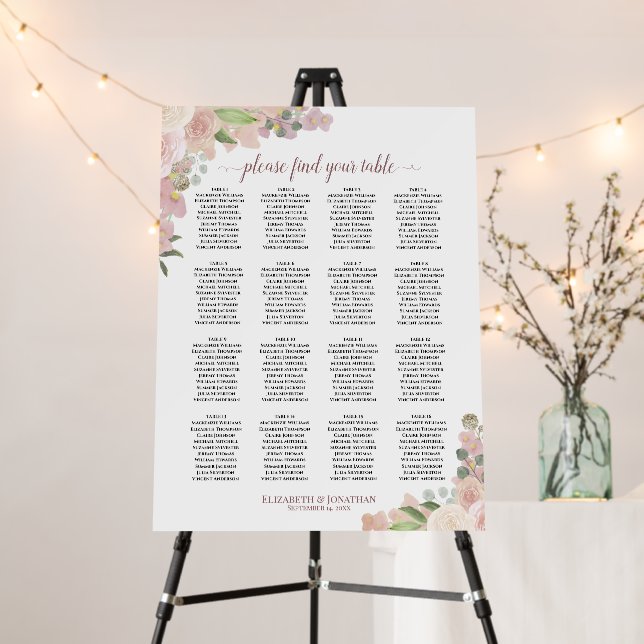 16 Table Pink Roses Elegant Wedding Seating Chart Foam Board (In Situ (Stand))