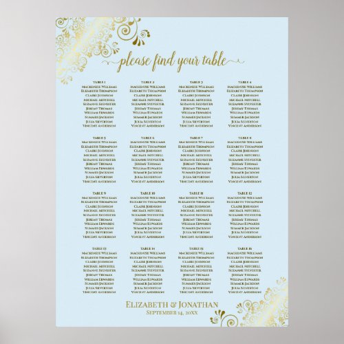 16 Table Powder Blue  Gold Wedding Seating Chart