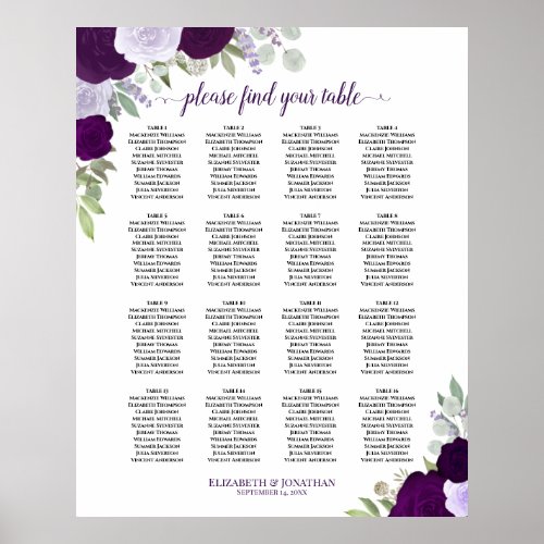 16 Table Purple Boho Floral Wedding Seating Chart